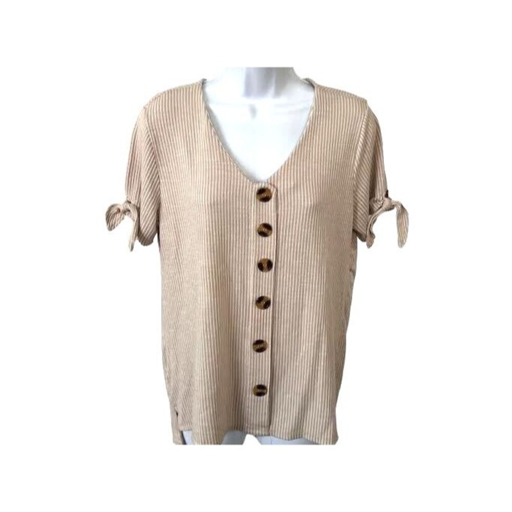 French Laundry Womens Shirt Top Blouse Tan Striped Tied Short Sleeves VN…
